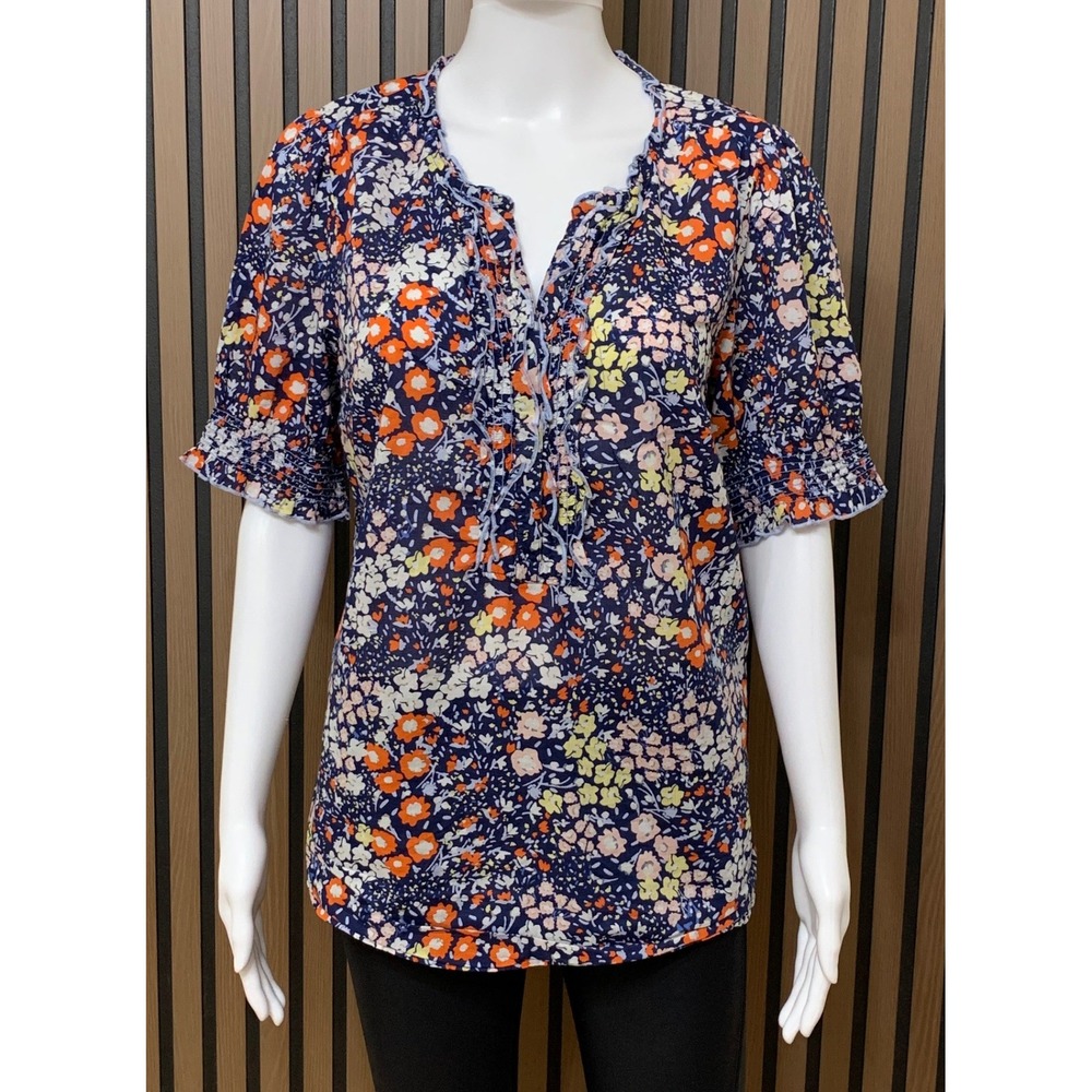 Talbots Floral 100% Cotton Blouse Blue Orange Short Smocked Sleeve Top Large